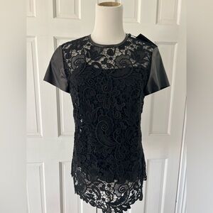 NWT Ralph Lauren Black Label Cotton Lace Lana Leather Sleeve top 
Size 8